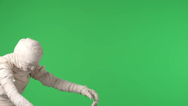 Green screen isolated chroma key video capturing a mummy staggering, walking from one side of the frame to the other with its arms outstretched.