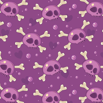 Vector pattern with skulp and bones on violet background. Element for horror design, Halloween celebrated concept.