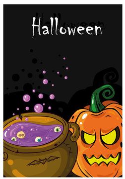 Scary pumpkin with witch's cauldron on black background. Great Halloween poster. Cartoon characters. Halloween Postcards.