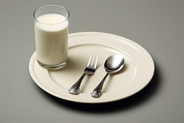 Can filled with milk, accompanied by a plate and cutlery. Generative AI