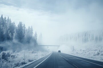 the fog covered highway is covered in snow Generative AI