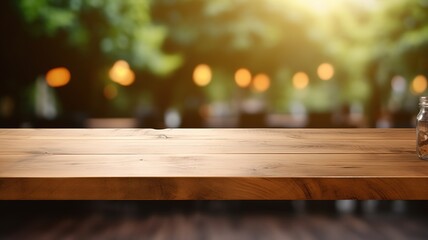Empty wooden table top on blur of cafe, coffee shop, bar, background with lights bokeh can used for display or montage your products. restaurant background. AI