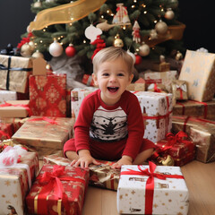 Obraz na płótnie Canvas Joyful children, gifts, Christmas