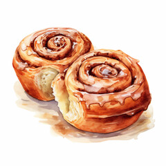 Fototapeta premium Traditional autumn cinnamon rolls with vanilla cream. Rustic watercolor hand painted illustration isolated on white background for menu design, print, social media