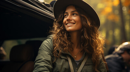 Schöne junge Frau mit langen lockigen Haaren, die lächelnd auf einem Wohnmobil sitzt. Beautiful young woman with long curly hair smiling sitting on a camper. 