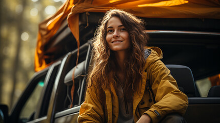 Sch&ouml;ne junge Frau mit langen lockigen Haaren, die l&auml;chelnd auf einem Wohnmobil sitzt. Beautiful young woman with long curly hair smiling sitting on a camper. 