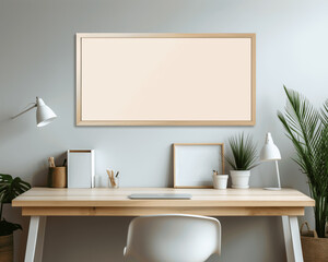 Blank white picture frame in a workspace with plants
