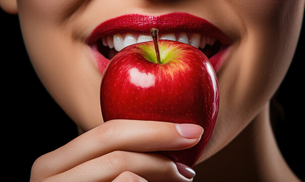Beautiful female mouth in close up with red lipstick eating an apple, professional makeup.