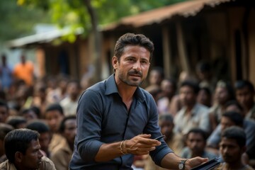 A community health worker conducting a health education session in a rural village, focusing on preventive medicine and healthcare access in underserved areas - obrazy, fototapety, plakaty