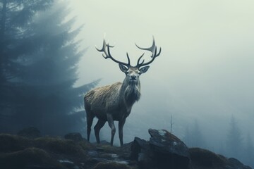 Ethereal photograph of a deer appearing through the mist, capturing the mysterious beauty of nature and wildlife.
