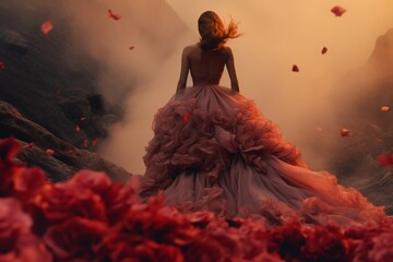 Striking photo of a lone woman in a red dress, seamlessly blending with a sea of red flowers, perfect for themes of harmony, elegance, and romance.