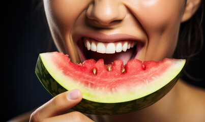 Beautiful female mouth in close up with red lipstick eating a watermelon, professional makeup. - obrazy, fototapety, plakaty