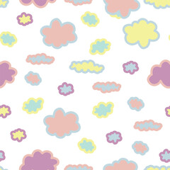 Cute cloud seamless pattern. Baby drawing cartoon wallpaper. Hand drawn clouds in pastel colors. Adorable birthday background in kawaii style. Vector illustration on transparent background