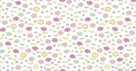 Cute cloud seamless pattern. Baby drawing cartoon wallpaper. Hand drawn clouds in pastel colors. Adorable birthday background in kawaii style. Vector illustration on transparent background