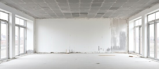 Unfinished gray walls in empty room being repaired for a kindergarten construction