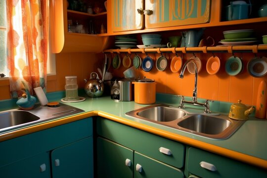 Vibrant Kitchen With Orange And Green Color Scheme, Sink And Utensils On Countertop. Generative AI