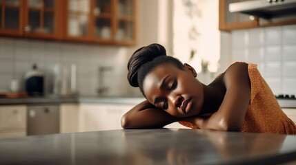 Unhappy overworked African woman housewife feels distressed sick and tired of cooking and housework. Upset female housekeeper tired of chores. Exhausted lady napping sleeping in the kitchen, fatigue