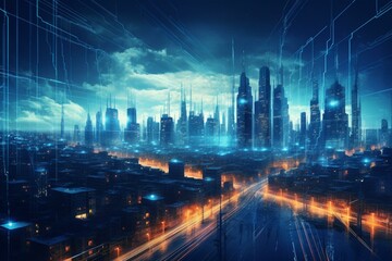 Fototapeta na wymiar Futuristic cityscape with glowing blue circuit board-like electric lines against a digital sky. Generative AI