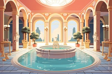 Fototapeta na wymiar Cartoonish poster showcasing an opulent and luxurious bathtub spa inside a royal wellness spa center or Roman bath. Generative AI