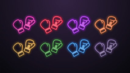 A set of neon bright shiny boxing glove icons in the colors green, orange, blue, white, red, yellow, purple and pink on a dark background. - obrazy, fototapety, plakaty