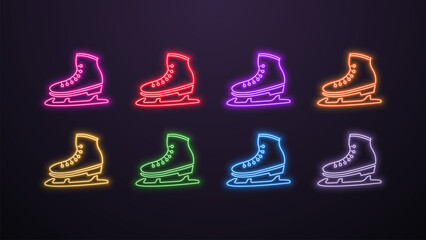 A set of neon skate icons for skating in different colors blue, yellow, orange, purple, green, white and pink on a dark background. © Dmytro