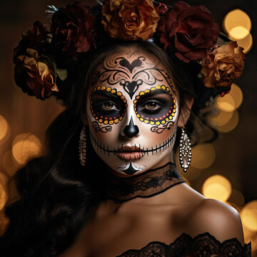 Mesmerizing Mexican Beauty in Sugar Skull Makeup and La Cuera