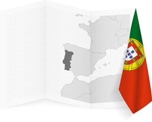Portugal grayscale map and hanging flag.