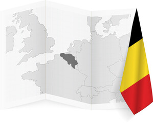 Belgium grayscale map and hanging flag.