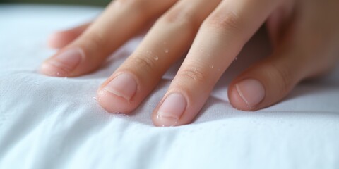 Close-up of perspiration on a woman hand grabbed a piece of sheet on the bed , concept of Hygiene - obrazy, fototapety, plakaty
