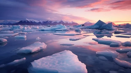Foto op Canvas frozen lake with glaciers in autumn-winter with snow-covered mountain range and beautiful colorful sunset at dusk © Case