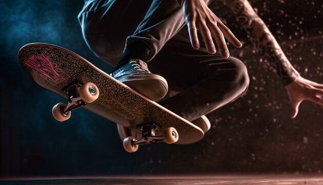 Young adult skateboarder jumps mid air in city generative AI