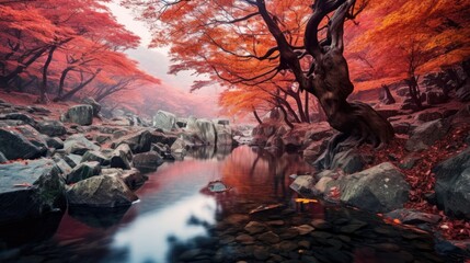 serene autumn-winter scenic landscape with stream and colorful trees
