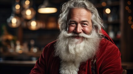 Senior bearded man smiling and looking at camera while sitting at christmas tree.