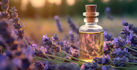Vial with lavender oil on a natural background - obrazy, fototapety, plakaty