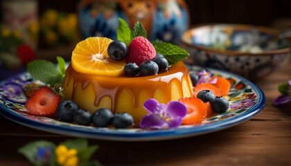 Obraz na płótnie Canvas Fresh berry cheesecake slice on wooden plate generative AI