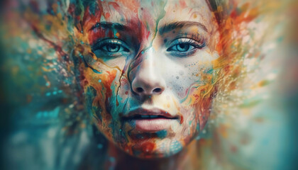 Abstract beauty young woman face painted with multi colored water generated by AI