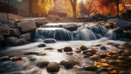 Tranquil scene of flowing water in autumn forest, blurred motion generated by AI