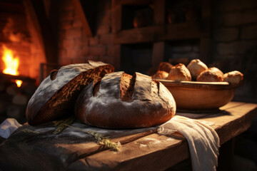 Freshly baked bread on wooden table near fireplace in kitchen at home