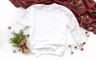 Close up white blank template sweatshirt hoodie with copy space and Christmas Holiday concept. Top view and white background - obrazy, fototapety, plakaty