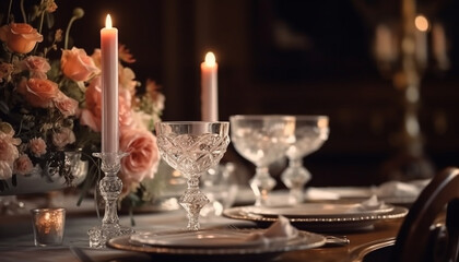 Obraz na płótnie Canvas Elegant wedding celebration with candlelight, wine, and ornate decorations generated by AI