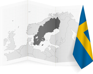 Sweden grayscale map and hanging flag.