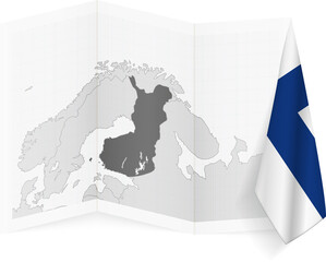 Finland grayscale map and hanging flag.