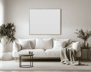 Blank white picture frame for living room seating area
