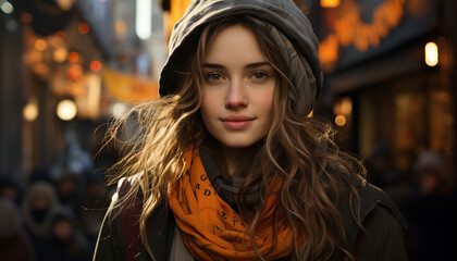 Smiling young woman in warm winter fashion walking city streets generated by AI