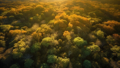 High above tranquil autumn forest, vibrant colors paint landscape beauty generated by AI