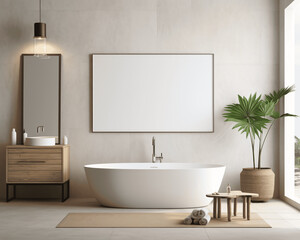 Fototapeta premium Empty picture frame on bathroom wall 