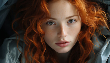 Fototapeta premium Beautiful young woman exudes confidence and elegance in headshot generated by AI