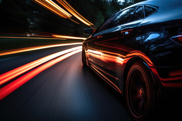 Modern futuristic car in movement. Cars lights on the road at night time. Timelapse, hyperlapse of transportation. Motion blur, light trails, abstract soft glowing lines - Powered by Adobe