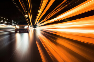 Modern futuristic car in movement. Cars lights on the road at night time. Timelapse, hyperlapse of transportation. Motion blur, light trails, abstract soft glowing lines