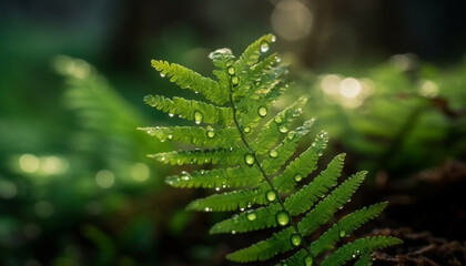 Fototapeta na wymiar Vibrant foliage in dewy rainforest, new life in tranquil surroundings generated by AI